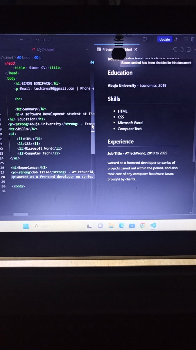 Simongr8's tweet photo. Day 13 → 16 of my #30DaysChallenge ✅

Week 2 Class 2 @TSAcademy: HTML Structure, Metadata, Attributes, Lists &amp; Links. 
Milestone: Built my first CV with pure HTML 📄

#TSAcademy #30DaysChallenge #SoftwareDevelopment https://t.co/IqJvigDFA1
