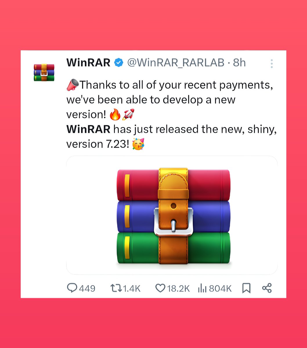 CartoonsOTMoon's tweet photo. WinRAR lanzó una nueva actualización y bromeó diciendo que fue gracias a los que por fin pagaron la licencia. https://t.co/m18mZbW3Jy