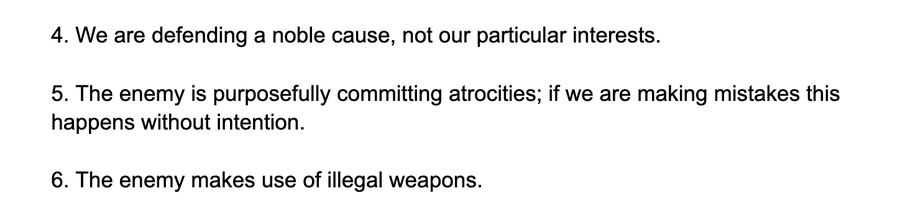 HistoryMattersX's tweet photo. π₯ The 10 Basic #Principles of #WarPropaganda
4. We are defending a noble cause, not our particular interests.
5. The enemy is purposefully committing atrocities; if we are making mistakes this happens without intention.
6. The enemy makes use of illegal weapons
π§΅ 4-6 https://t.co/SlnVyb1UGr