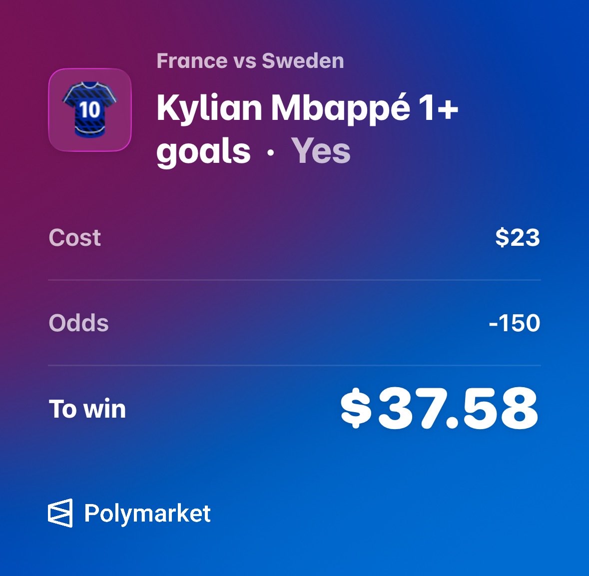 andydoesnumbers's tweet photo. Mbappé to score a goal at -150 🫡
Other books have this priced at -167 and higher 🤯
Good value on Polymarket. https://t.co/loBcKvDF8u