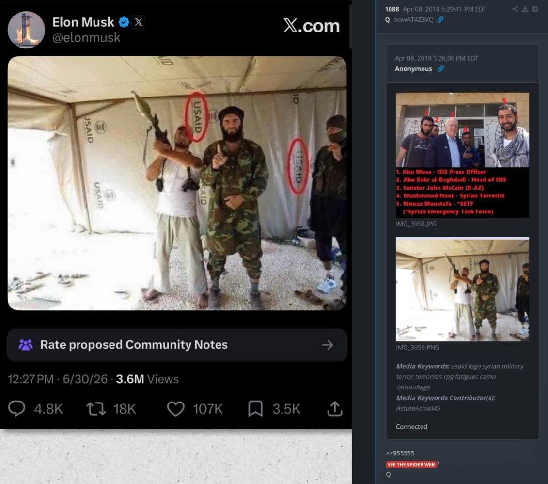 MJTruthUltra's tweet photo. Elon Musk posted the photo on the left.

Q posted that photo, plus a photo of McCain with (ISIS) on the right. Connected.

We are getting closer..

The 2010 Uranium One deal, approved by Obama, and the U.S. government under Clinton’s State Department, allowed Russia’s Rosatom to acquire U.S. uranium assets, allegedly supplying uranium to NK and Iran. 

Operation Merlin covertly provided nuclear technology to these nations, and Obama’s BILLION’S IN CASH on Pallets was the KEY that funded further development, with funds to black site projects to Iran/NK, ISIS, orchestrated by no name McCain.
