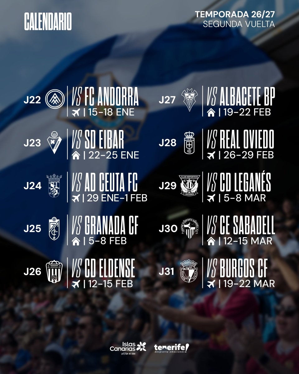 CDTOficial's tweet photo. 🗓️ 𝐄𝐥 #𝐂𝐃𝐓𝐞𝐧𝐞𝐫𝐢𝐟𝐞 𝐜𝐨𝐧𝐨𝐜𝐞 𝐬𝐮 𝐜𝐚𝐥𝐞𝐧𝐝𝐚𝐫𝐢𝐨 𝐥𝐢𝐠𝐮𝐞𝐫𝐨 𝐩𝐚𝐫𝐚 𝐥𝐚 𝐭𝐞𝐦𝐩𝐨𝐫𝐚𝐝𝐚 𝟐𝟎𝟐𝟔/𝟐𝟎𝟐𝟕 ⚪️🔵

▶️ https://t.co/oUxwy9dKuN

#APorLaSegunda #TanNuestro https://t.co/ZjPcvVrWBW