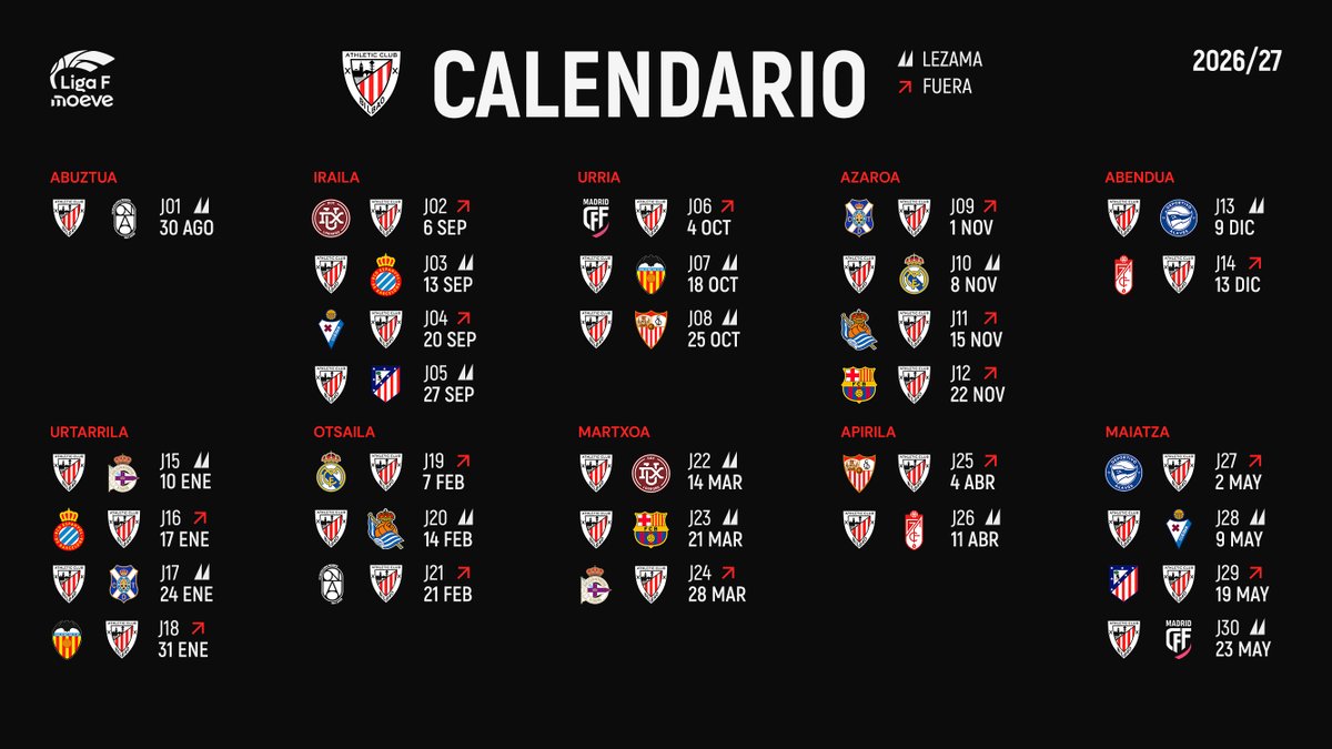 AthleticClubFem's tweet photo. 🗓️❤️🤍 ¡El calendario de las leonas!

Hemen duzu @LigaF_oficial 2026/27ko @AthleticClubFem-en egutegia!

#AthleticClubFem 🦁 https://t.co/dWjdFTYk7E