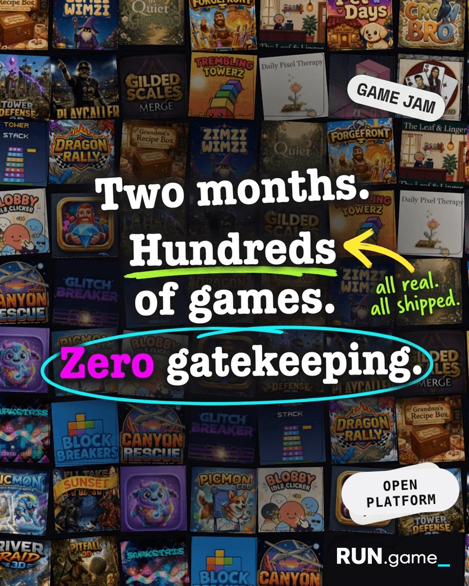 RUN_Creators's tweet photo. Other platforms make you wait, pitch, and beg.

We made a different deal: build it → ship it → done.

Two months. Hundreds of games. Zero gatekeeping. Every game on this wall is real.

Your turn. 👇
 
#buildwithrun  #gamedev #shipit https://t.co/KxBSBJEFO8