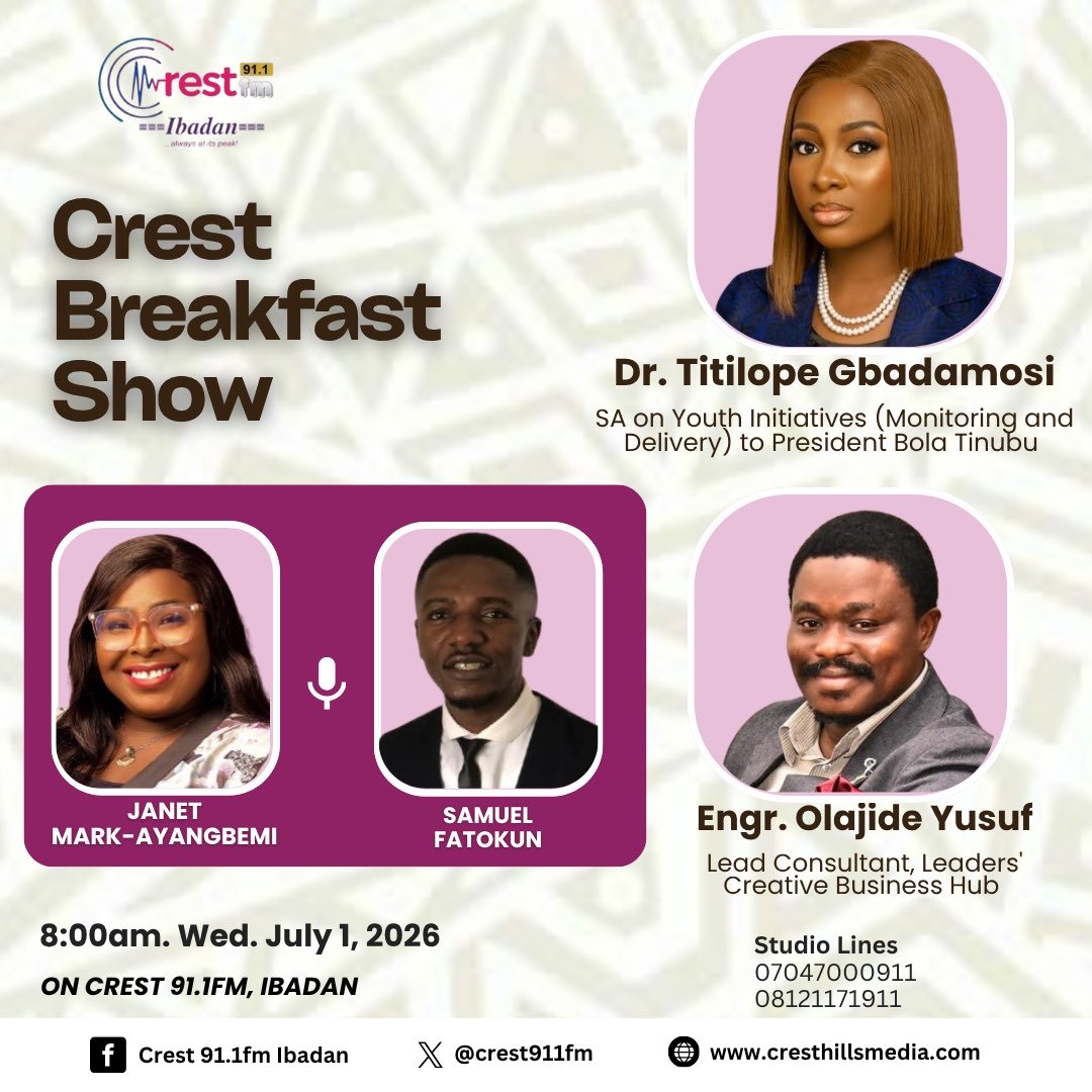 titilopegb's tweet photo. Tomorrow by 8:30am, I’ll be live on Crest FM to discuss the NYSC reforms, clarify some of the conversations around the process, and share perspectives on how the reforms can better serve Nigerian youths. https://t.co/dAAq6dH3hE