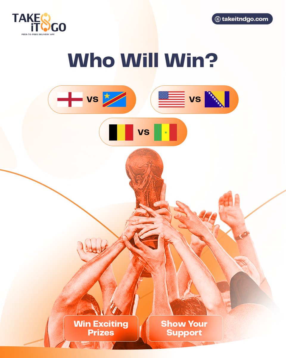 takeitndgo_app's tweet photo. ⚽ Who Will Win?

🏴England 🇨🇩 DR Congo
🇧🇪 Belgium 🇸🇳 Senegal
🇺🇸 USA 🇧🇦 Bosnia &amp; Herzegovina

Drop your predictions 👇
📦 Need something moved?
🚗 Someone's already going there.

Move. Connect. Earn.
 https://t.co/aORc7I7YmJ

#WorldCup2026 #SomeonesAlreadyGoingThere https://t.co/9iZBxtq7zn