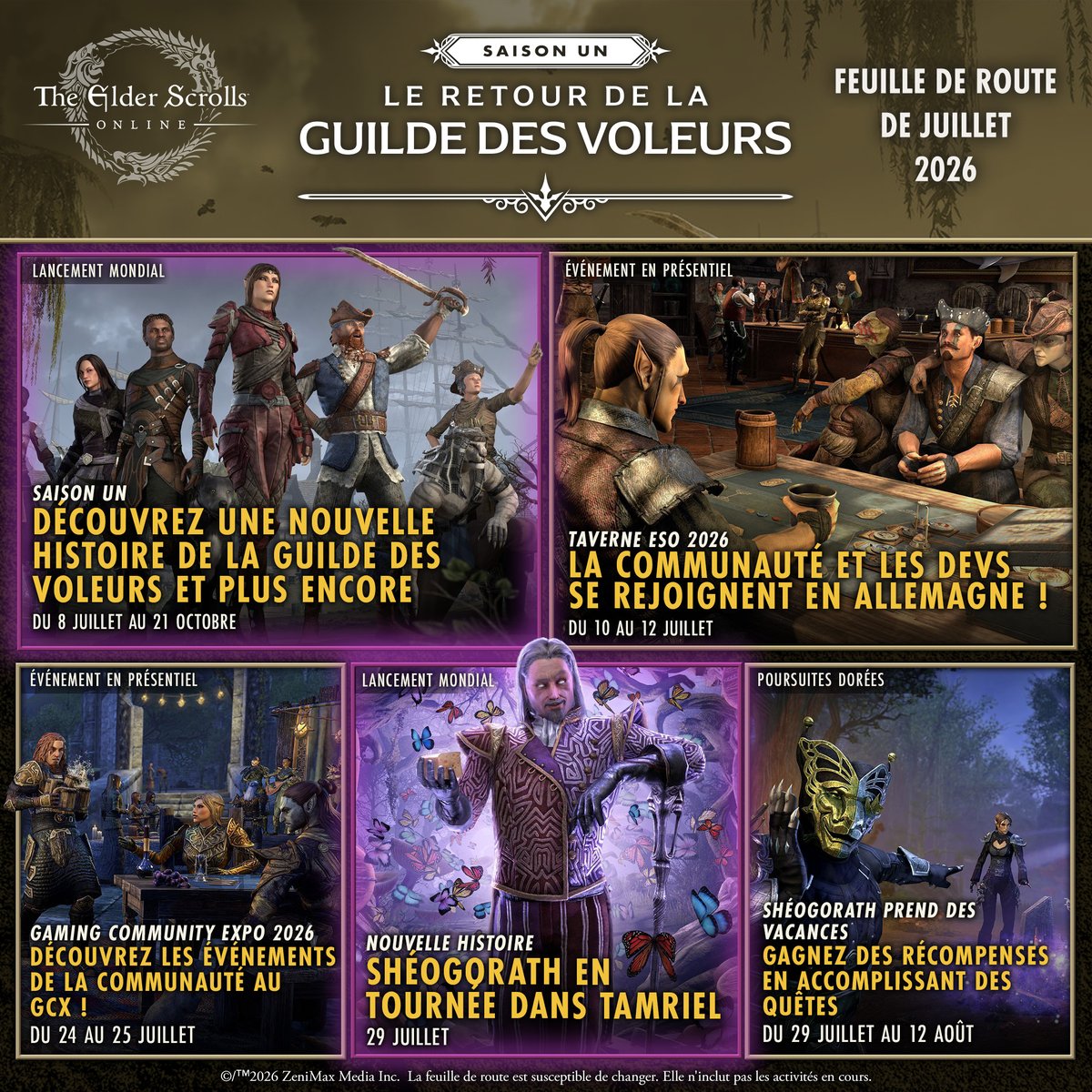 TESOnline_fr's tweet photo. Voilà ce qui vous attend en juillet :

Un nouveau Tome de Tamriel ! 📖
Une nouvelle histoire ! 🧀
Une nouvelle poursuite dorée aux récompenses de folie ! 🌟
Et plus encore !
https://t.co/L91bDpr02J https://t.co/qYRTvJa8zj