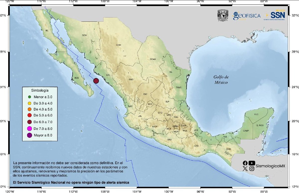 SSNMexico's tweet photo. SSN REPORTA: SISMO

Magnitud: 6.1
Región epicentral: 116 km al SUROESTE de  GUASAVE, SIN
Fecha y hora: 2026-06-30, 13:45:36 (tiempo del centro de México)
Latitud y longitud: 24.712º, -109.130º
Profundidad: 5.0 km https://t.co/ndjtncvd7f