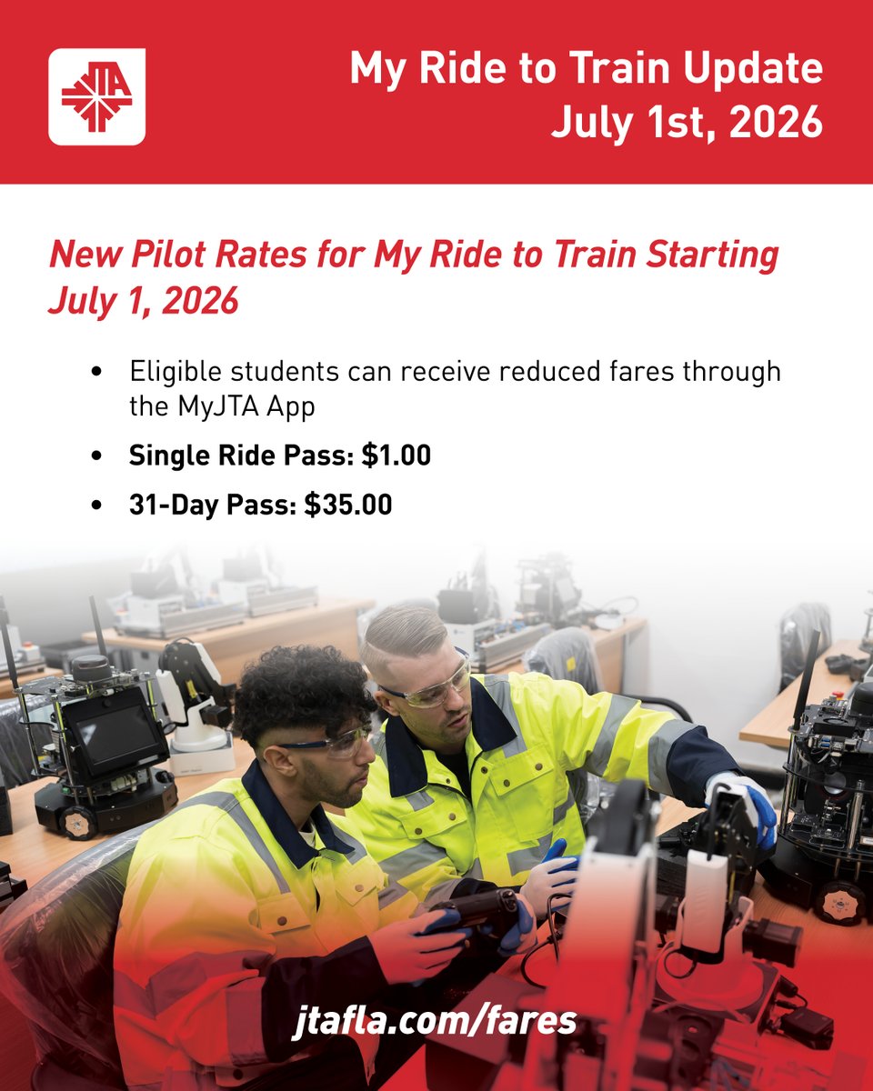 JTAFLA's tweet photo. Starting tomorrow, July 1st, reduced pilot fares for college students and the My Ride to Train program go into effect. 🎓
 
Eligible riders can purchase: 
🚍 $1 single ride pass 
📅 $35 31-day pass 
 
To access these reduced fares, eligible students must first sign up at https://t.co/GFpedrnZQA. Once verified, the discounted fares will be redeemable through the MyJTA App. 

Visit https://t.co/GFpedrnZQA to learn more and get started!