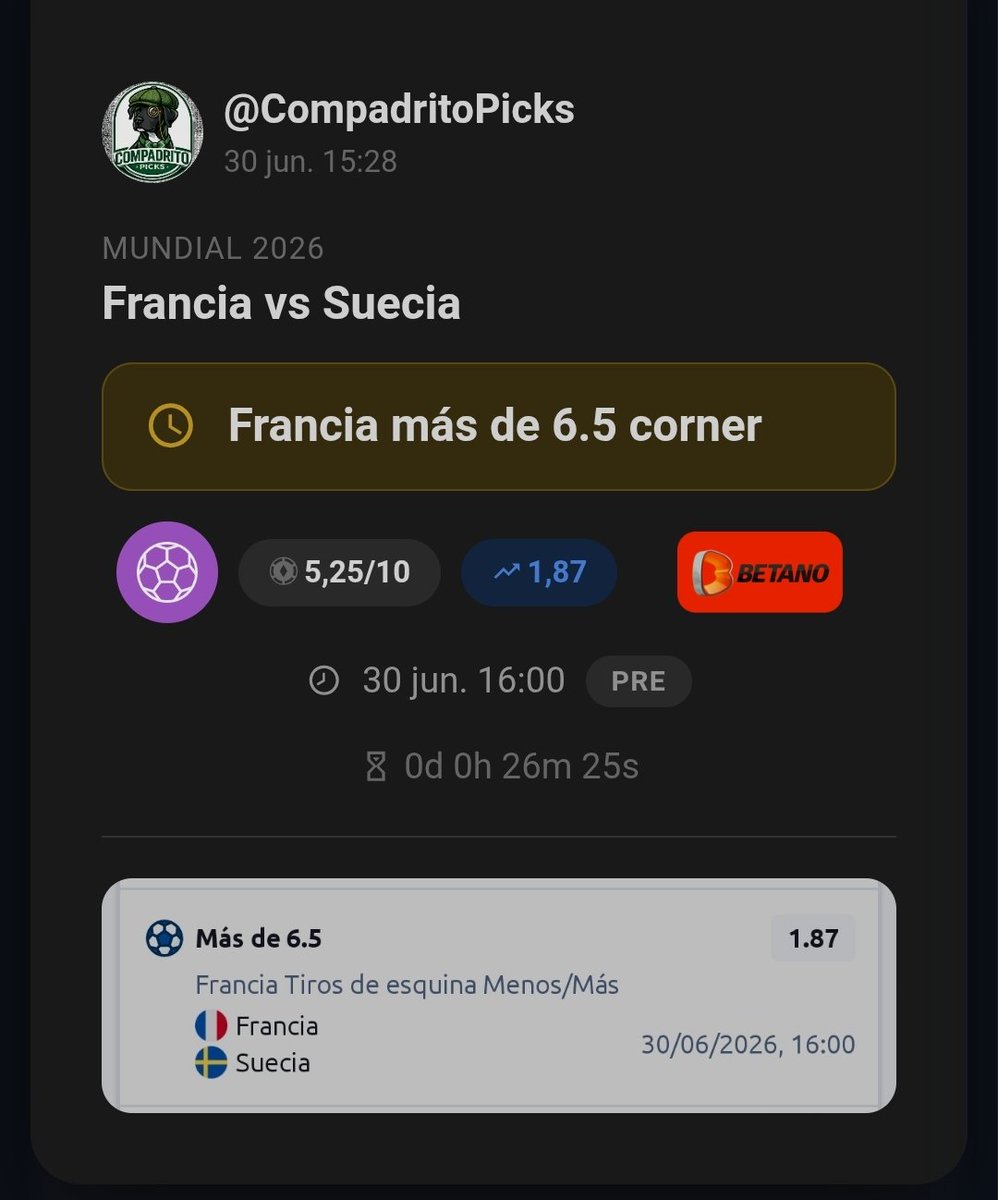 CompadritoPicks's tweet photo. 🚨 Compadre, ya hay un prepartido publicado en Tipsterland. Estoy analizando dos encuentros más y, cuando ruede el balón en Francia, es muy probable que no vuelva a publicar por aquí. ⚠️ Los picks en tiempo real estarán en: https://t.co/9fR8WH4vc8 👈🔥 https://t.co/Q6tJO1fjOK