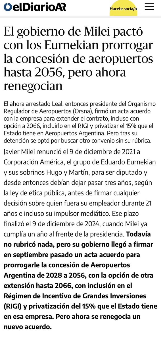 Pampa139's tweet photo. 🚨 ESTO ES UN ESCANDALO.

Milei le quiere REGALAR por más de 30 años los Aeropuertos a Daniel Ketchibachian, hombre de Eurnekian, su ex empleador. Esta claro que vinieron a esto y para esto es el RIGI: NEGOCIOS PARA LOS AMIGOS

Saben quién firmó por el Gobierno?
Facundo Leal, el ayudante de Caputo, al que le encontraron millones de dólares y falopa. 

Tranqui los negocios del presidente.