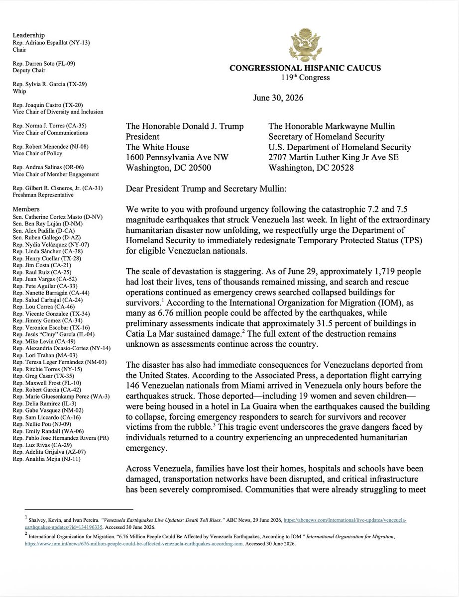 RepSylviaGarcia's tweet photo. The devastation in Venezuela is staggering.

Today, I urged the President to immediately redesignate Temporary Protected Status for Venezuela.

TPS was created for moments like this. Venezuelans cannot safely return home, and they cannot afford to wait.

@HispanicCaucus @RepEspaillat @RepDarrenSoto @JoaquinCastrotx
