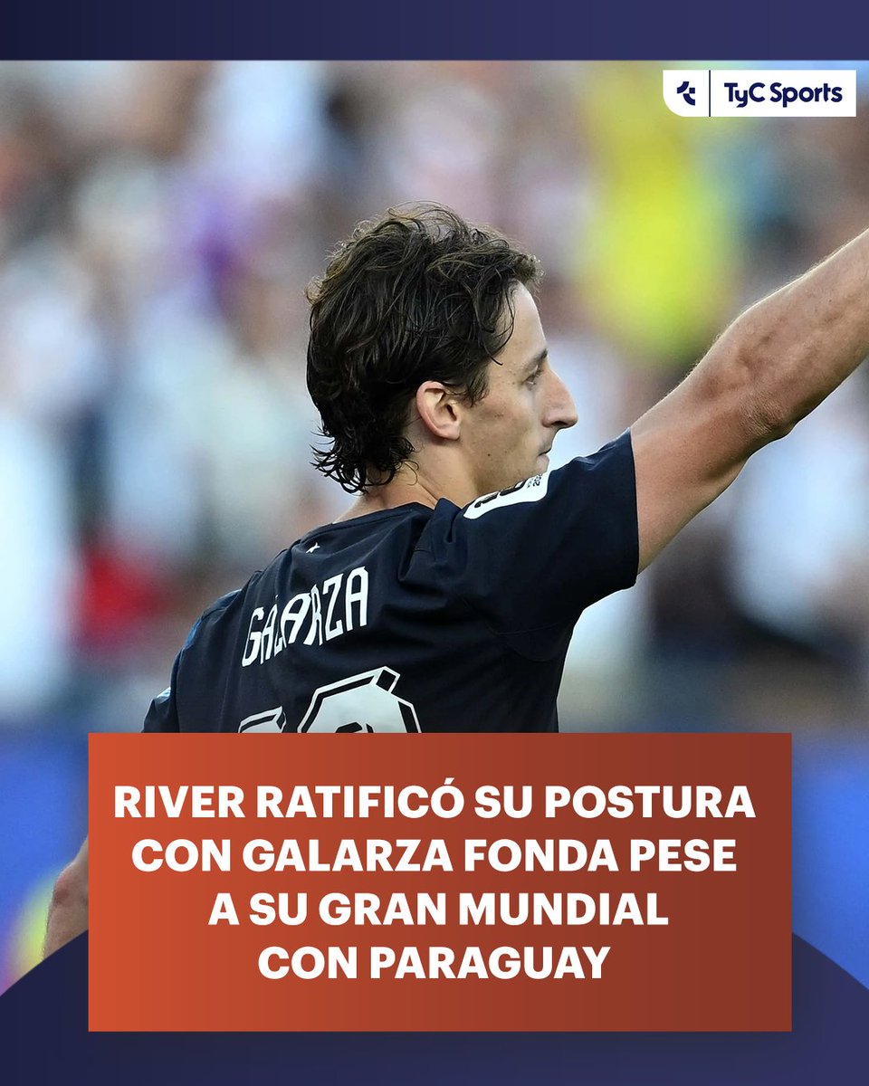 TyCSports's tweet photo. 🔴⚪ Mientras Matías Galarza Fonda se gana los aplausos con la camiseta de Paraguay en el Mundial 2026, en River no cambian de postura. El mediocampista, que integra la lista de futbolistas prescindibles para Eduardo Coudet, continuará sin ser tenido en cuenta una vez que finalice su participación en la Copa del Mundo, más allá del gran nivel que viene mostrando.

➡️ La actuación del volante en el certamen despertó inevitablemente la pregunta sobre si su presente podía hacer cambiar de opinión a la dirigencia y al cuerpo técnico de La Banda. La respuesta, al menos por ahora, es negativa.

⚠️ Según pudo saber https://t.co/xG8caV8i7W, en Núñez sostienen que el rendimiento de Galarza Fonda no altera la planificación deportiva. La postura es la misma que antes del Mundial: cuanto mejor juegue y mayor sea su cotización, más beneficioso será para una futura transferencia, pero no existe intención de reincorporarlo al plantel principal.