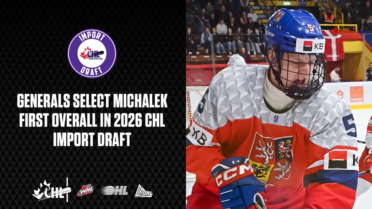 CHLHockey's tweet photo. Led by the selection of 16-year-old defenceman Matyas Michalek by the @Oshawa_Generals , 114 players were selected in the 2026 #CHLImportDraft!
📰 https://t.co/t67Li6izsE https://t.co/Pzk3wJQzLn