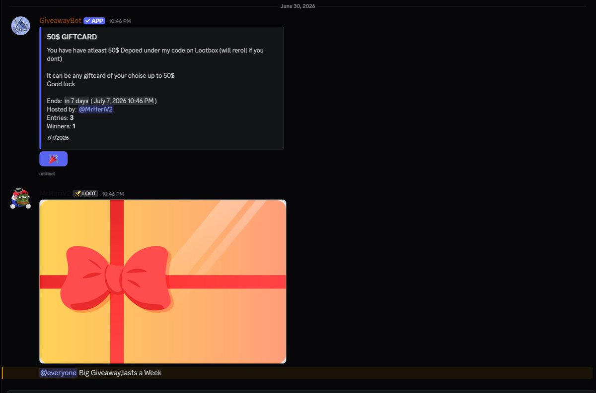 MrHeri7's tweet photo. Running a 50$ Giftcard giveaway in my Discord,you got a week to enter it

Requirements
Must be under my LootBox Code
https://t.co/QXbVHhyFVU

Must have Depoed atleast 50$ while under my code

Discord Link
https://t.co/SAujnmmonc

Good luck to everyone https://t.co/CdBQbBXqoX