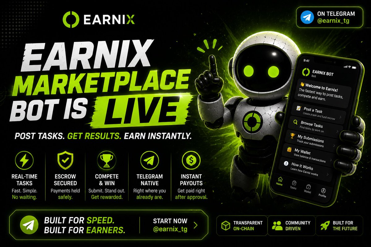 earnix_tg's tweet photo. 🚀 The Earnix Bot Is Now Live!

Today marks another major milestone for the Earnix ecosystem. The Earnix Bot is now ready to use, bringing the Earnix marketplace directly into Telegram.

With the bot, you can:
💼 Post Tasks – Create paid tasks in minutes and receive submissions from the community.
🏆 Launch Competitions – Run single or multi-winner contests and reward the best creators.
🔒 Private Escrow – Securely settle deals made outside the marketplace with escrow-backed protection.
📤 Submit Work – Upload text, images, videos, documents, and links directly through Telegram.
💰 Receive USDC Payouts – Winners are paid quickly through our payout system.
📊 Build Your Reputation – Complete tasks, earn rewards, and climb the Earnix reputation tiers.

No complicated setup. No switching between multiple platforms. Everything happens where communities already live—Telegram.

This is just Version 1.
Over the coming weeks, we'll continue rolling out new features, refining the experience, and building toward our vision of making Earnix the go-to marketplace for creators, freelancers, and communities.

⚡️ Work.
🏆 Compete.
🔒 Trade securely.
💰 Earn.

Welcome to the Earnix Bot.
👉 Start here:https://t.co/4JLbegS5e2