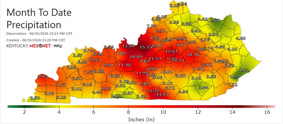 kymesonet's tweet photo. 🌧️With no rain expected anywhere in the state between now and midnight, here's how June will close out precipitation-wise at all of our 87 sites. (1/2) https://t.co/OIRgKW3czf