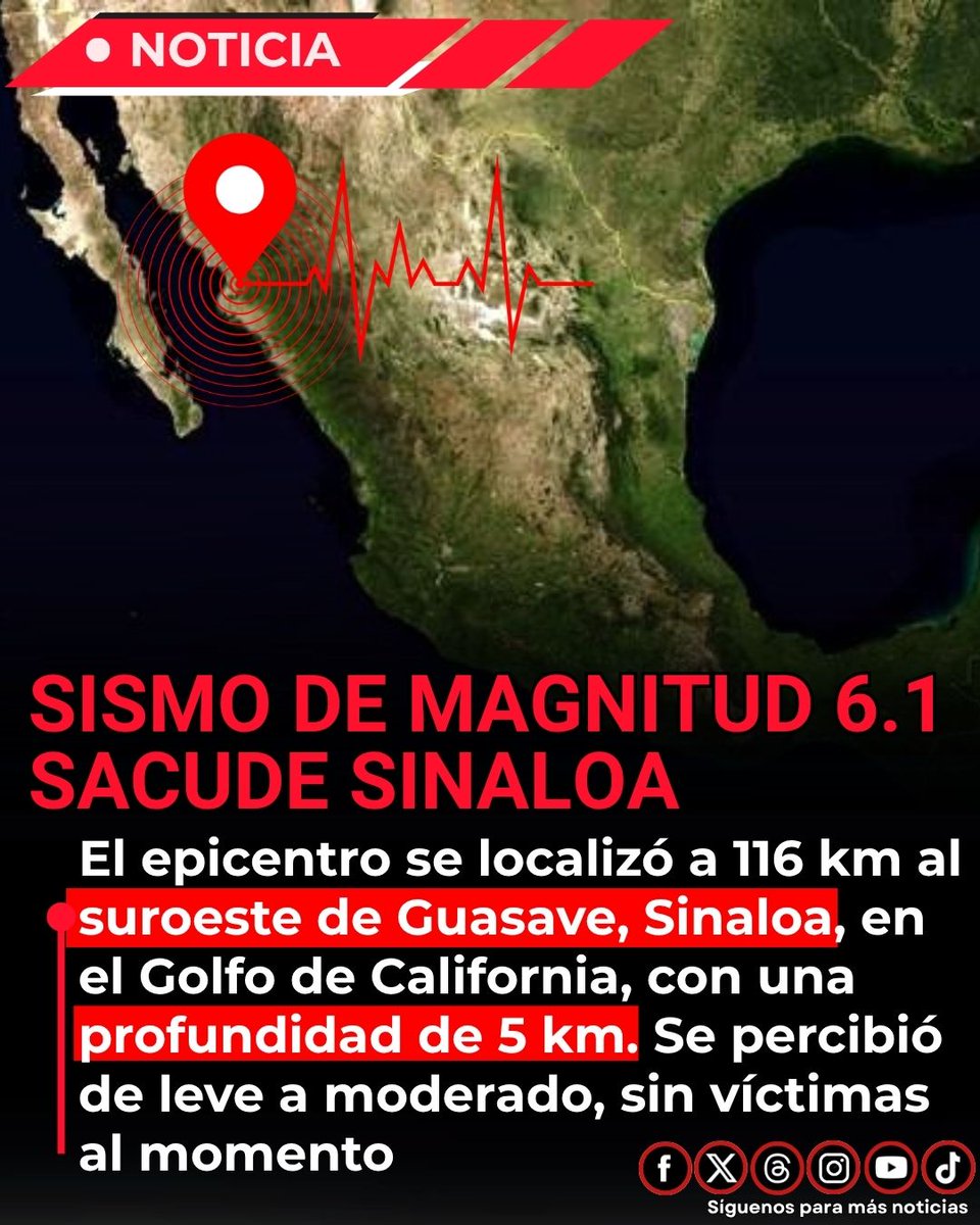 EnsedeCiencia's tweet photo. 🚨ÚLTIMA HORA: Sismo de magnitud 6.1 sacude Sinaloa

El Servicio Sismológico Nacional reportó un sismo de magnitud 6.1 este martes 30 de junio de 2026 a las 13:45 horas.

El epicentro se localizó a 116 km al suroeste de Guasave, Sinaloa, en el Golfo de California, con una profundidad de 5 km. Hasta el momento no se reportan daños ni personas lesionadas.  El sismo se sintió de forma leve a moderada en algunas zonas de Sinaloa.