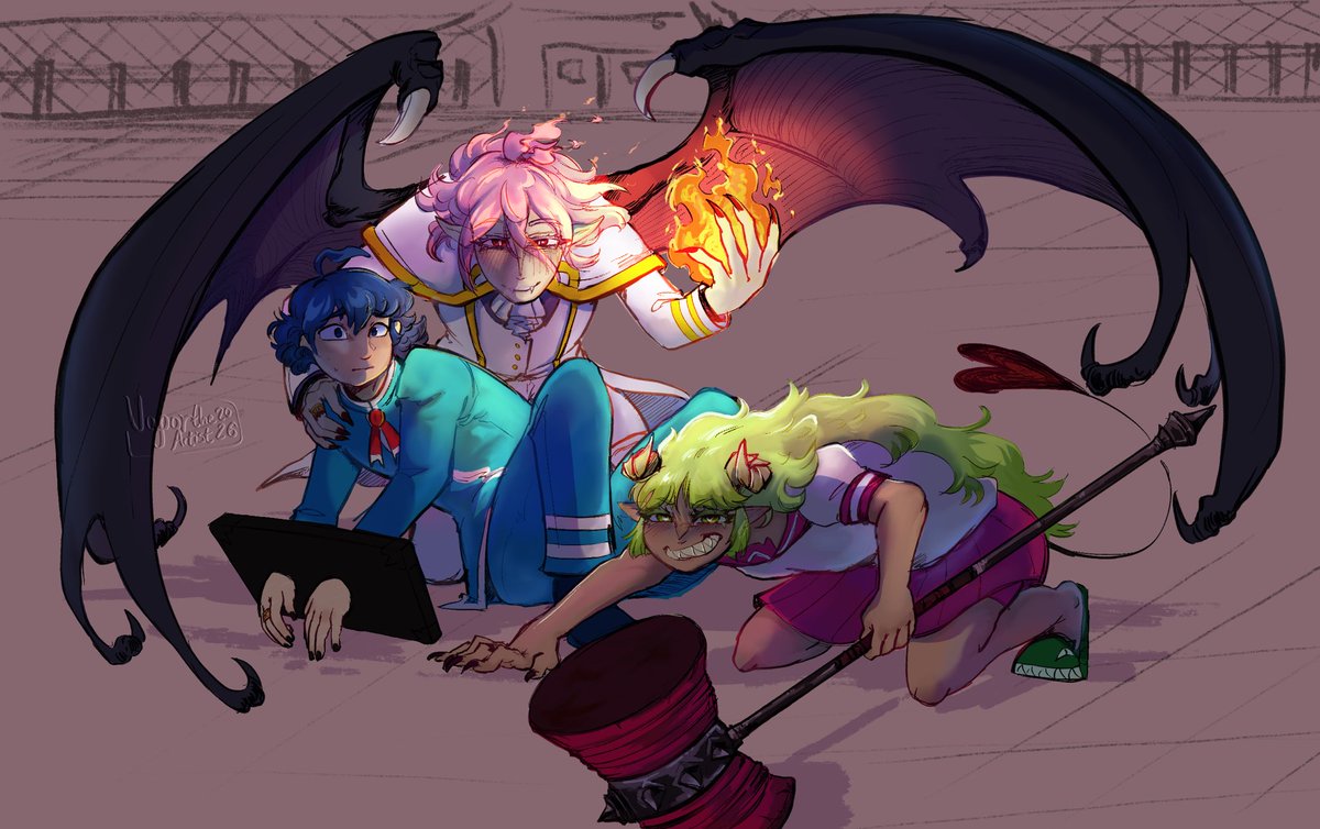 VaportheArtist's tweet photo. Alternative ending to ch 448! 
Lovesick trio protection! Cuz like, they absolutely should go into an evil cycle over this. Their beloved is being taken away, go apeshit!!

#魔入間 #mairumatwt #mairuma https://t.co/wApB8YaFRD