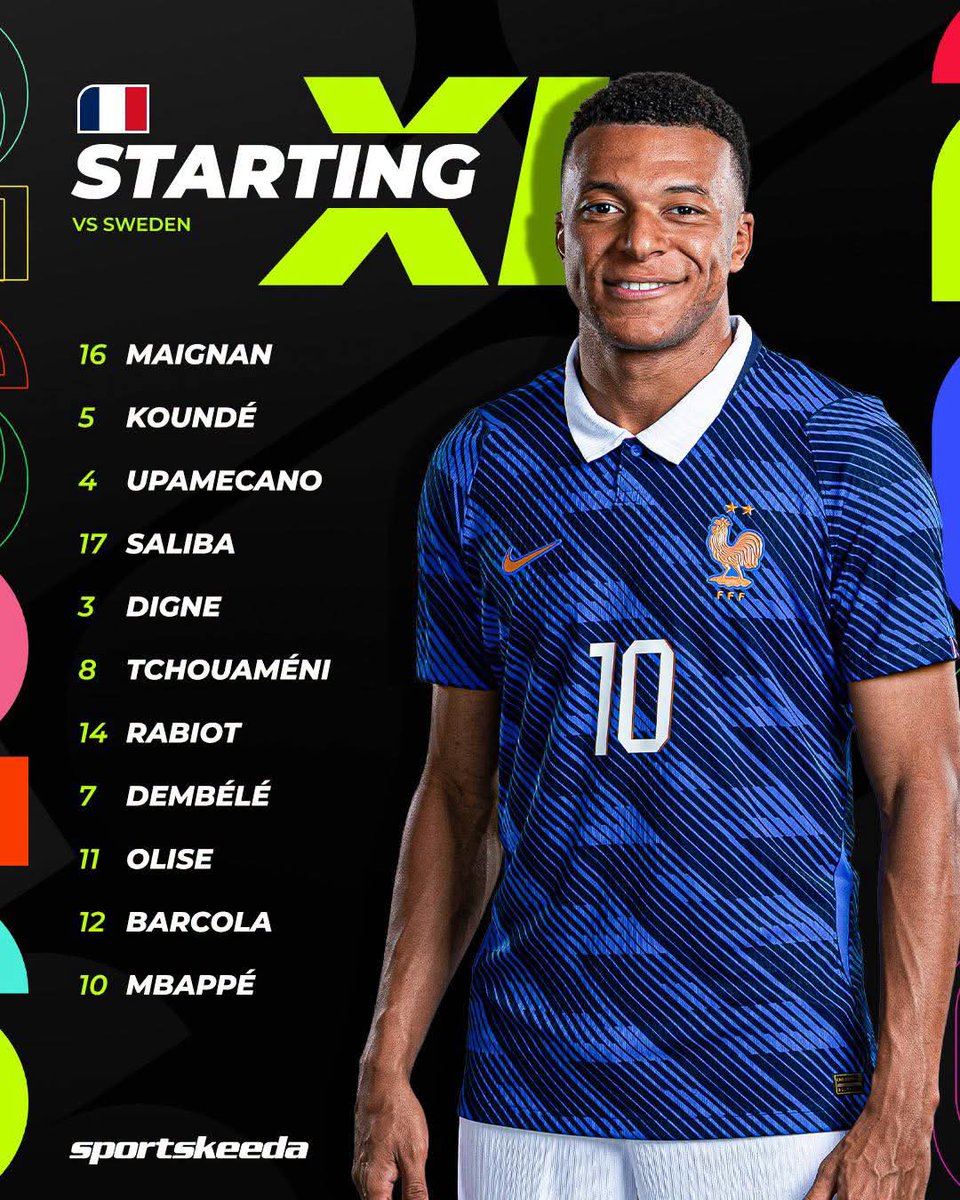 indust69377's tweet photo. 𝗟𝗜𝗡𝗘𝗨𝗣𝗦 𝗔𝗥𝗘 𝗢𝗨𝗧! 🇫🇷🇸🇪

France and Sweden are ready for their Round of 32 clash. 🤩🍿

Who will book their place in the last 16? 🧐

#France #Sweden #FIFAWorldCup #WC2026 https://t.co/uUKIt4CD2X
