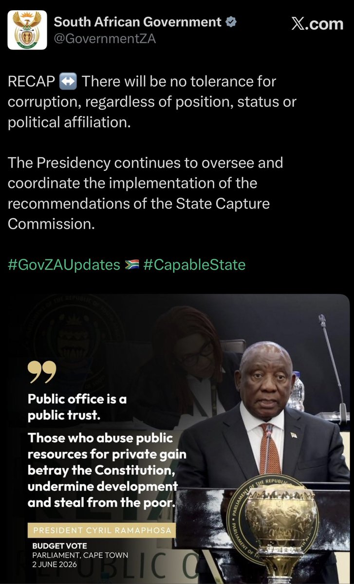 tumisole's tweet photo. #CountryDuty 

2 June 2026: 

“There will be no tolerance for
corruption, regardless of position, status or political affiliation.

The Presidency continues to oversee and coordinate the implementation of the recommendations of the State Capture”  

Watch the video 🤣

#DinaPule 
                                         >>>>>>
