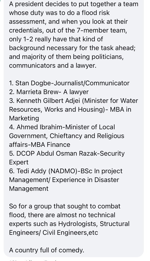 Nonconformyst's tweet photo. @BBCWorld So Pres. Mahama sets up an Anti-flood Taskforce in 2025 whose duty was to assess causes,recommend solutions n help minimise/ prevent future floods thru better planning, enforcement n infrastructure measures.

Attached are the credentials of the members of the Taskforce. 

Funny! https://t.co/00OtgWZ7VF