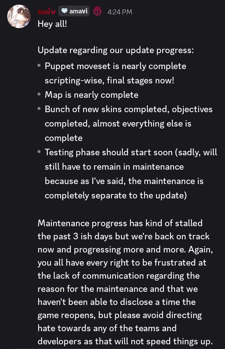 GenesisXBBNews1's tweet photo. A New Announcement Regarding The  Update Progress Has Released Covering Information (ETC), For The Following:

1. Puppet Moveset
2. The New Map
3. Skins And Objectives
4. Testing Phases

The Reason For The Maintenance Will Be Disclosed The Moment They Are Able To. https://t.co/nGGHyM4AUG