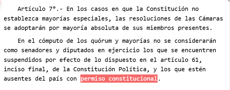 jorgecondezan's tweet photo. Cesará en el cargo el diputado o senador que se ausentare del país por más de treinta días sin permiso de la Cámara a que pertenezca o, en receso de ella, de su Presidente. Dice la Constitución.
Esto obliga a dar aviso cuando se sale por menos de 30 dias y a pedir permiso constitucional por más días.
Si el Senador Ossandon viajaría por pocos días ¿solo pidió el permiso para alterar el quorum que establece el artículo 7 de la ley 18918? ¿Y por qué lo retiró? ¿Así le dio valor a su voto en contra de la acusación a Grau?