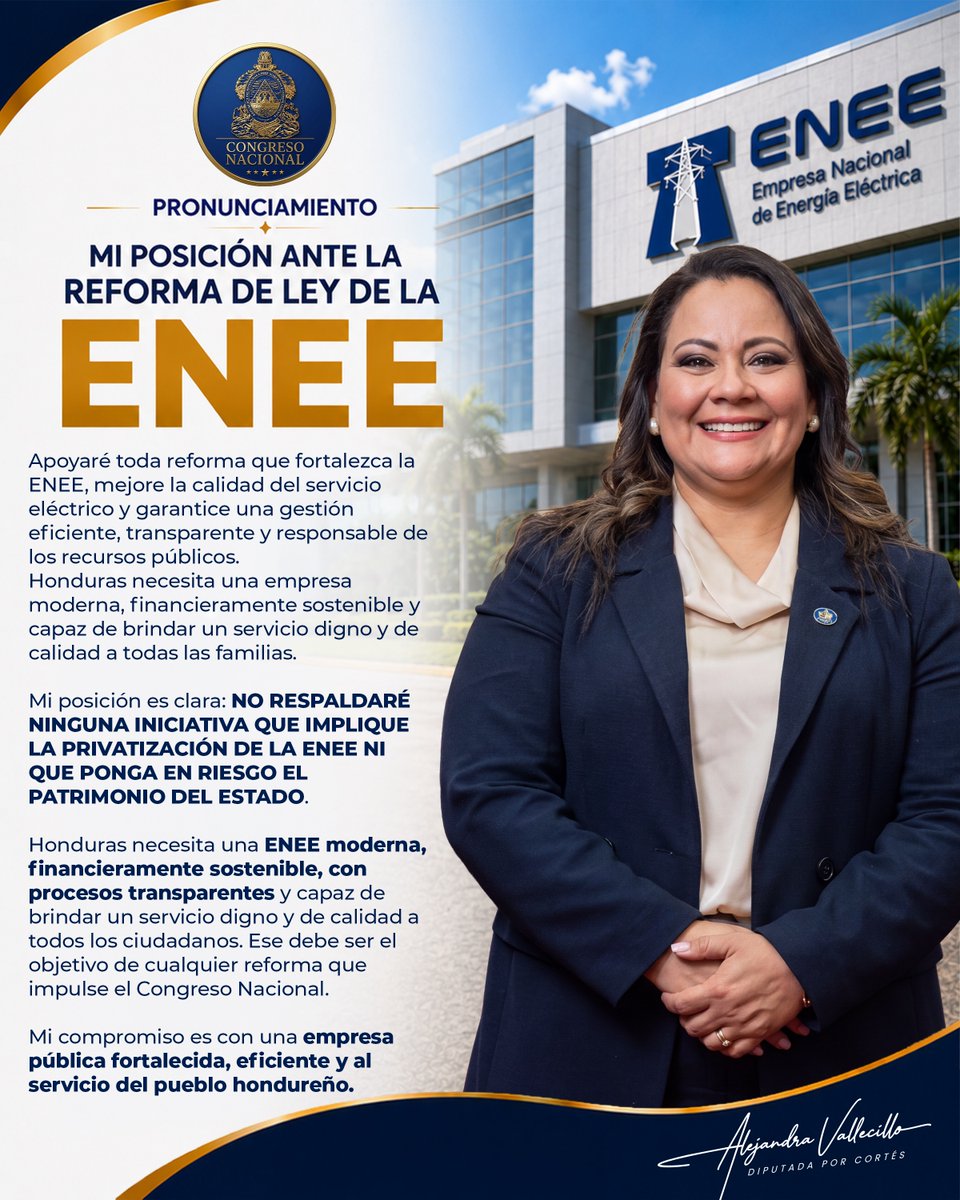 alevallecillohn's tweet photo. ⚡ Mi compromiso es con una ENEE fuerte, eficiente y al servicio del pueblo hondureño.

Apoyaré toda reforma que fortalezca la empresa, mejore la calidad del servicio y garantice una gestión transparente, pero no respaldaré ninguna iniciativa que implique su privatización ni que ponga en riesgo el patrimonio del Estado.

Trabajemos por una ENEE moderna, sostenible y en beneficio de todas las familias hondureñas. 🇭🇳

#AlejandraVallecillo #ENEE #Honduras #CongresoNacional #Cortés #ServicioPúblico