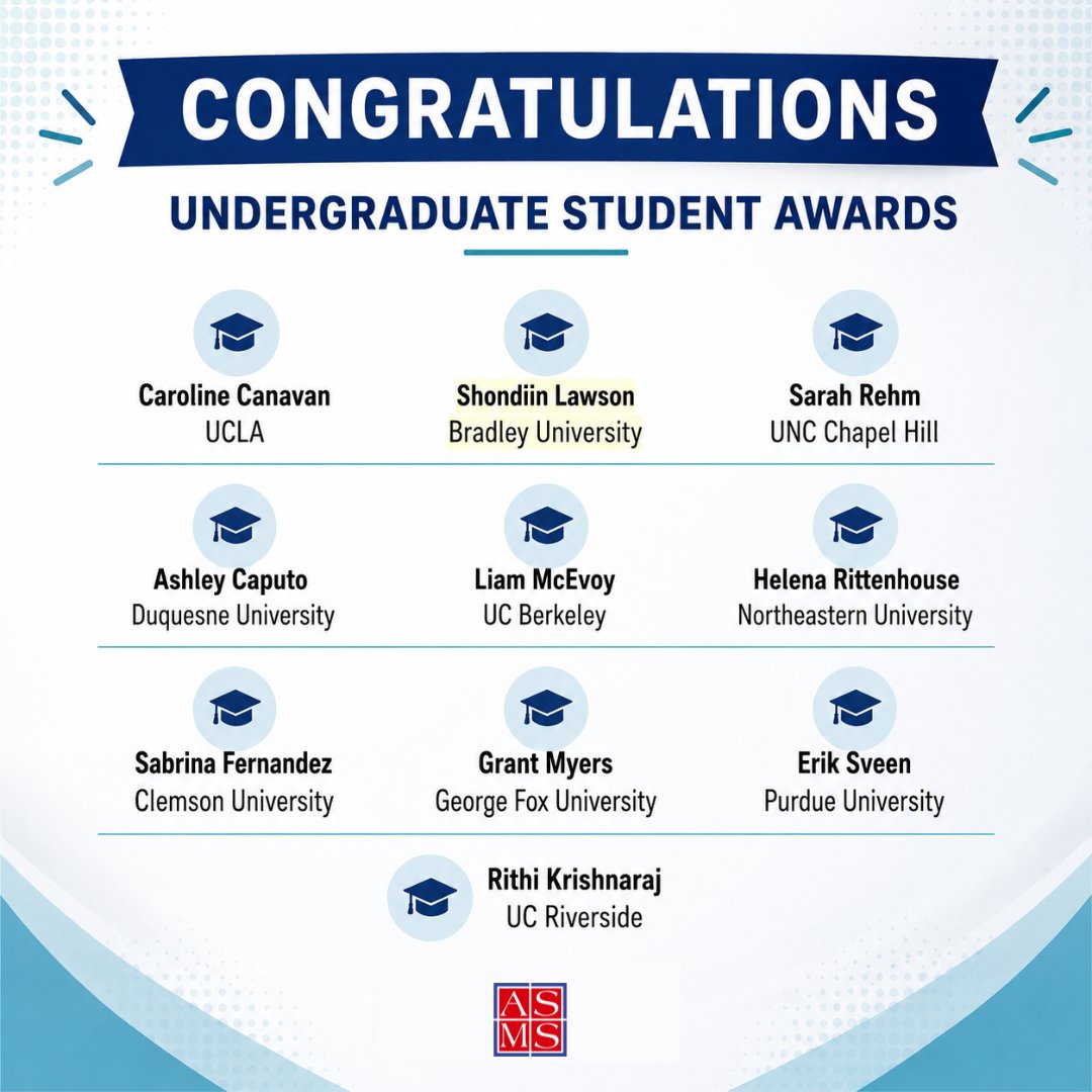 asmsnews's tweet photo. Recognizing the next generation of leaders in #massspectrometry research. The #ASMS Student Awards celebrate undergraduate and graduate students whose academic achievements and research demonstrate excellence, innovation, and a strong future in the field. Congrats, all! #ASMS2026 https://t.co/38RWHE7gcp