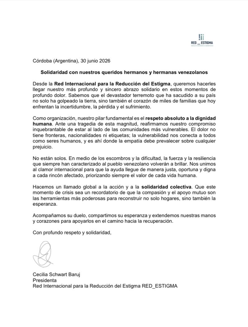 urielescobarb's tweet photo. #SolidaridadConElHermanoPuebloVenezolano. LaRed Internacional para la Reducción del Estigma RED_ESTIGMA, expresa su solidaridad con los hermanos y hermanas venezolanos e insta al apoyo incondicional de los gobiernos y las organizaciones no gubernamentales de America y el mundo. https://t.co/fCDhK1mRV1