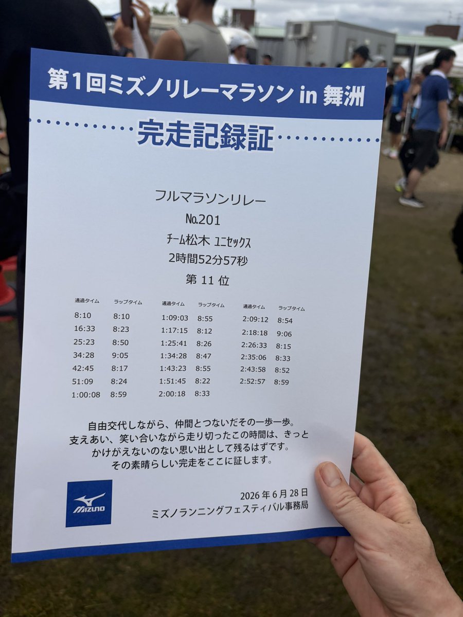 hisatomikato's tweet photo. 第1回ミズノリレーマラソンin舞洲へ参戦。男女4人でチームを組み1周2.1キロを20周、合計42キロ走った。90組中11位とそこそこの順位。
朝から雨でどうなるかと思いましたが、走る頃には晴れて日焼けしました。 https://t.co/xep6RoDfll