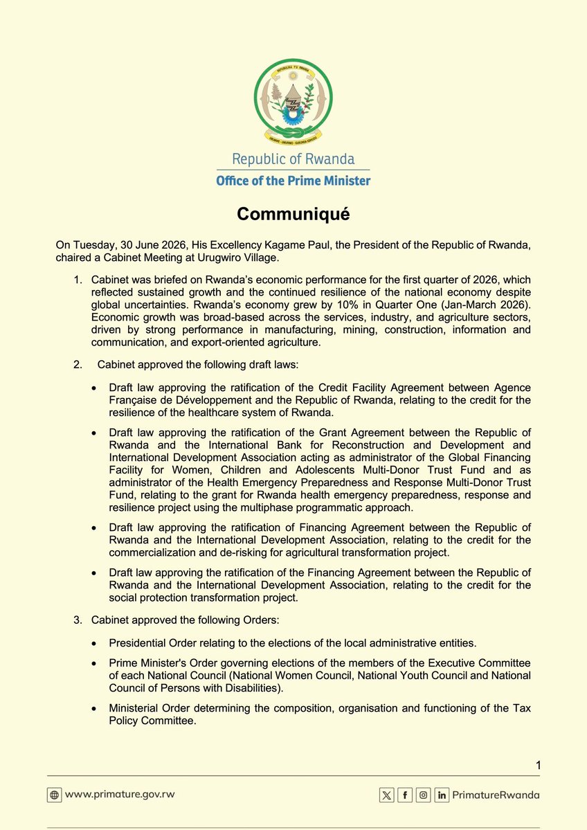 NewTimesRwanda's tweet photo. UPDATE: Tuesday’s Cabinet meeting, chaired by President #Kagame, approved key measures to strengthen governance and drive economic growth. https://t.co/LVRYRRovXk
