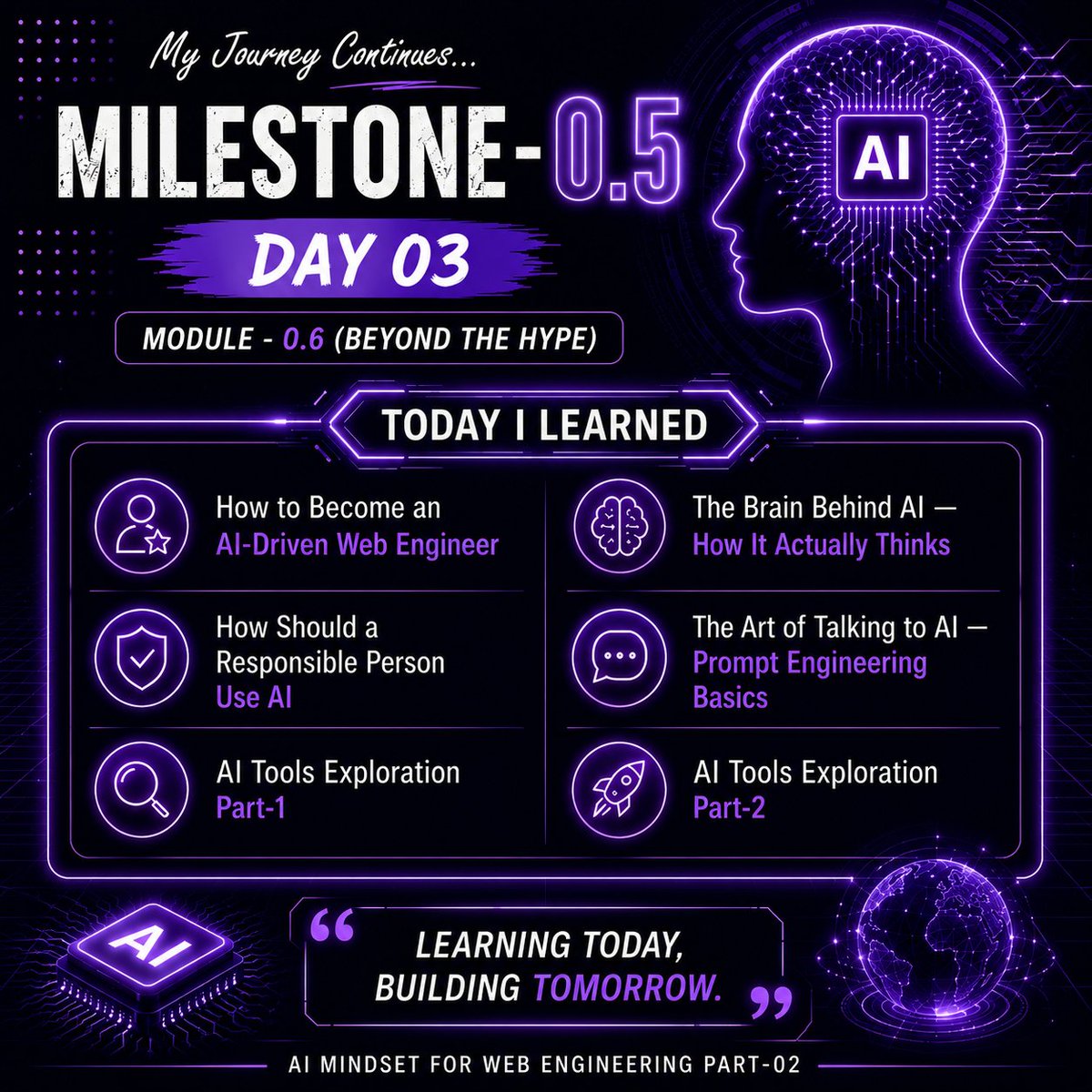 nafiulkabirbd's tweet photo. Day 03 - Milestone 0.5 🚀
Module 0.6: Beyond the Hype

AI mindset, prompt engineering &amp; tools, learning how to use AI the right way.

AI is just a tool, but using it properly is the real skill. https://t.co/CaH2q6LrBk