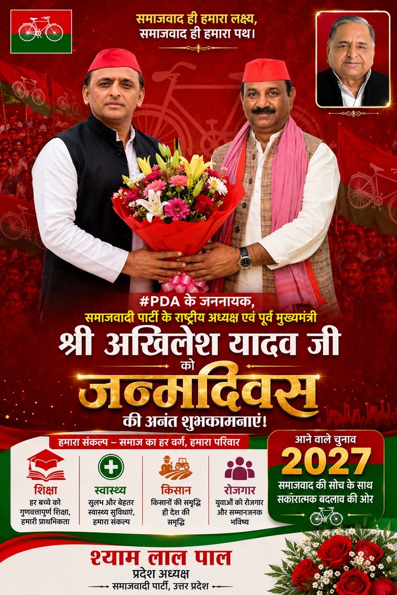 palshyamLalsp's tweet photo. समाजवादी पार्टी के राष्ट्रीय अध्यक्ष एवं कन्नौज सांसद माननीय श्री अखिलेश यादव जी को जन्मदिन की हार्दिक बधाई एवं अनंत शुभकामनाएँ।

आप स्वस्थ, दीर्घायु रहें और समाजवादी विचारधारा को नई ऊँचाइयों तक पहुँचाते रहें। आपका नेतृत्व प्रदेश और देश के युवाओं, किसानों, मजदूरों एवं वंचित समाज के लिए निरंतर प्रेरणास्रोत बना रहे।