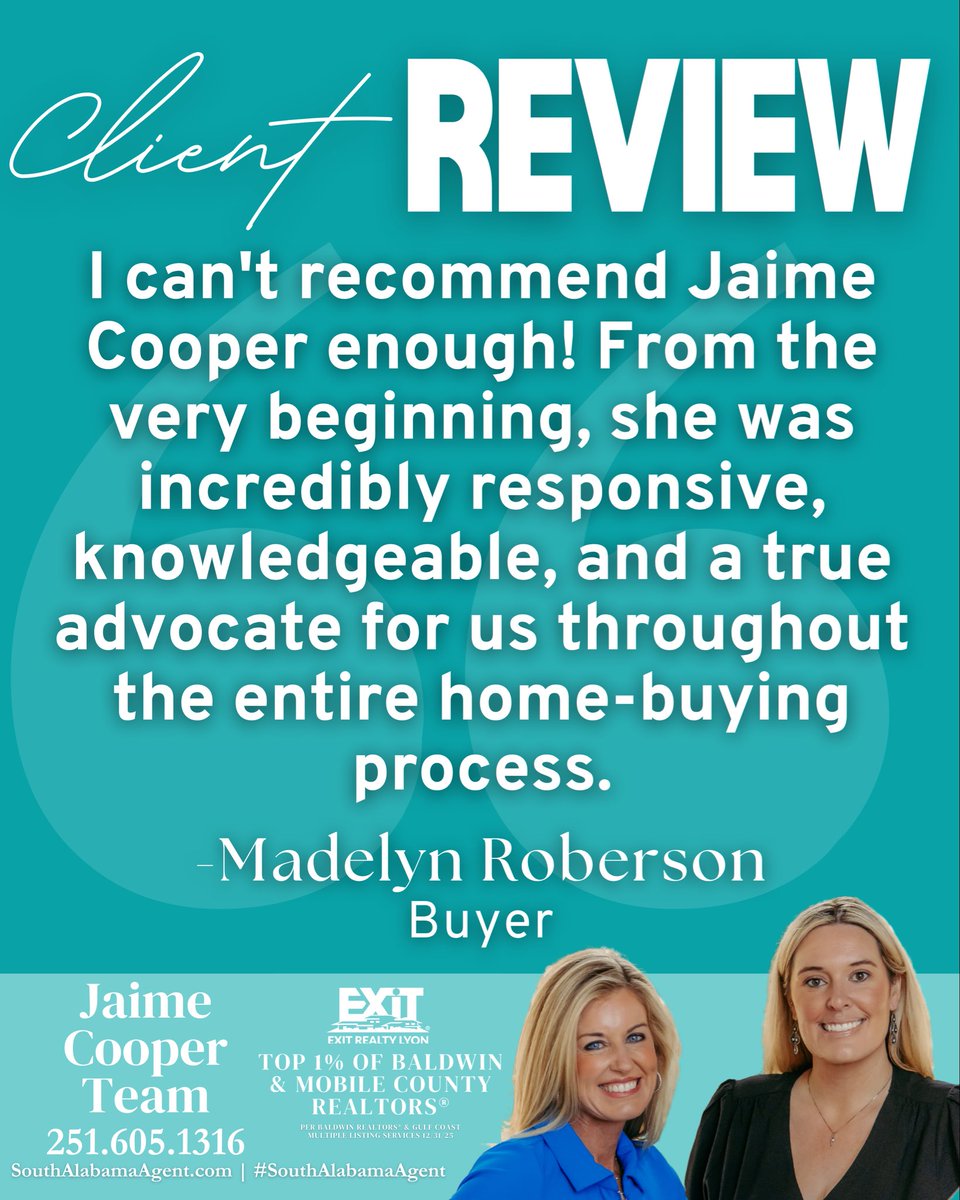 JaimeLyonCooper's tweet photo. The Jaime Cooper Team would love to help advocate for you!🏡

Need a Realtor? Give us a call!📲251.605.1316 #Realtor #clientreviews #review #TopAgent #SouthAlabamaAgent https://t.co/wv1Wugi4gp