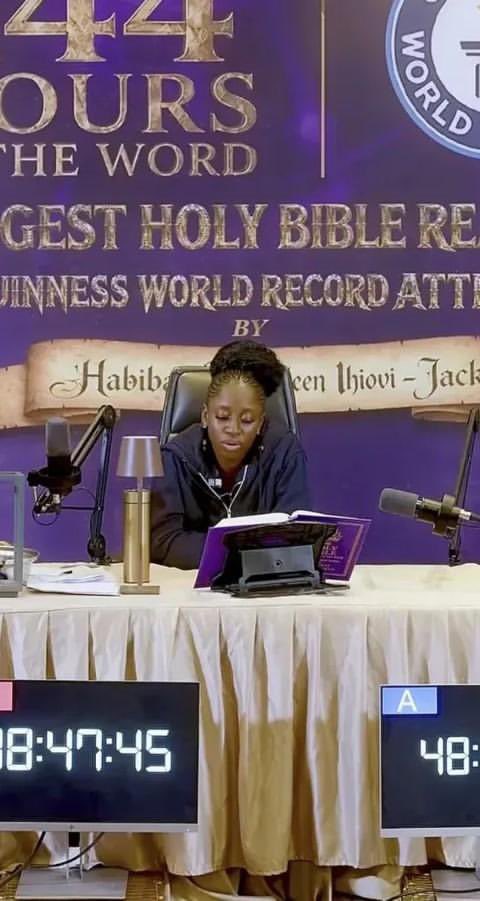 NigeriaStories's tweet photo. Wow 🤩 👏👏👏

Habibat Salawudeen has  completed 144-hour Bible reading Guinness World Record attempt https://t.co/pkuocHfjAy