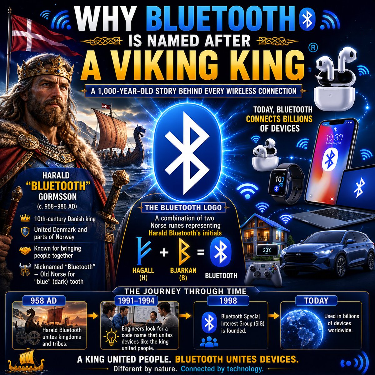 TechProductsYv's tweet photo. Bluetooth isn't named after a technology.

It's named after a Viking king.

In the 10th century, Harald "Bluetooth" Gormsson united parts of Denmark and Norway.

When engineers were developing a short-range wireless standard in the 1990s, they chose his nickname as a temporary codename because their technology aimed to unite different devices under one universal communication standard.

The name stuck.

Even the Bluetooth logo tells the story—it combines two ancient Nordic runes representing the initials H and B (for Harald Bluetooth).

Sometimes the technologies we use every day carry stories that are more than a thousand years old.

#Bluetooth #Technology #TechHistory #Innovation #Wireless #Engineering