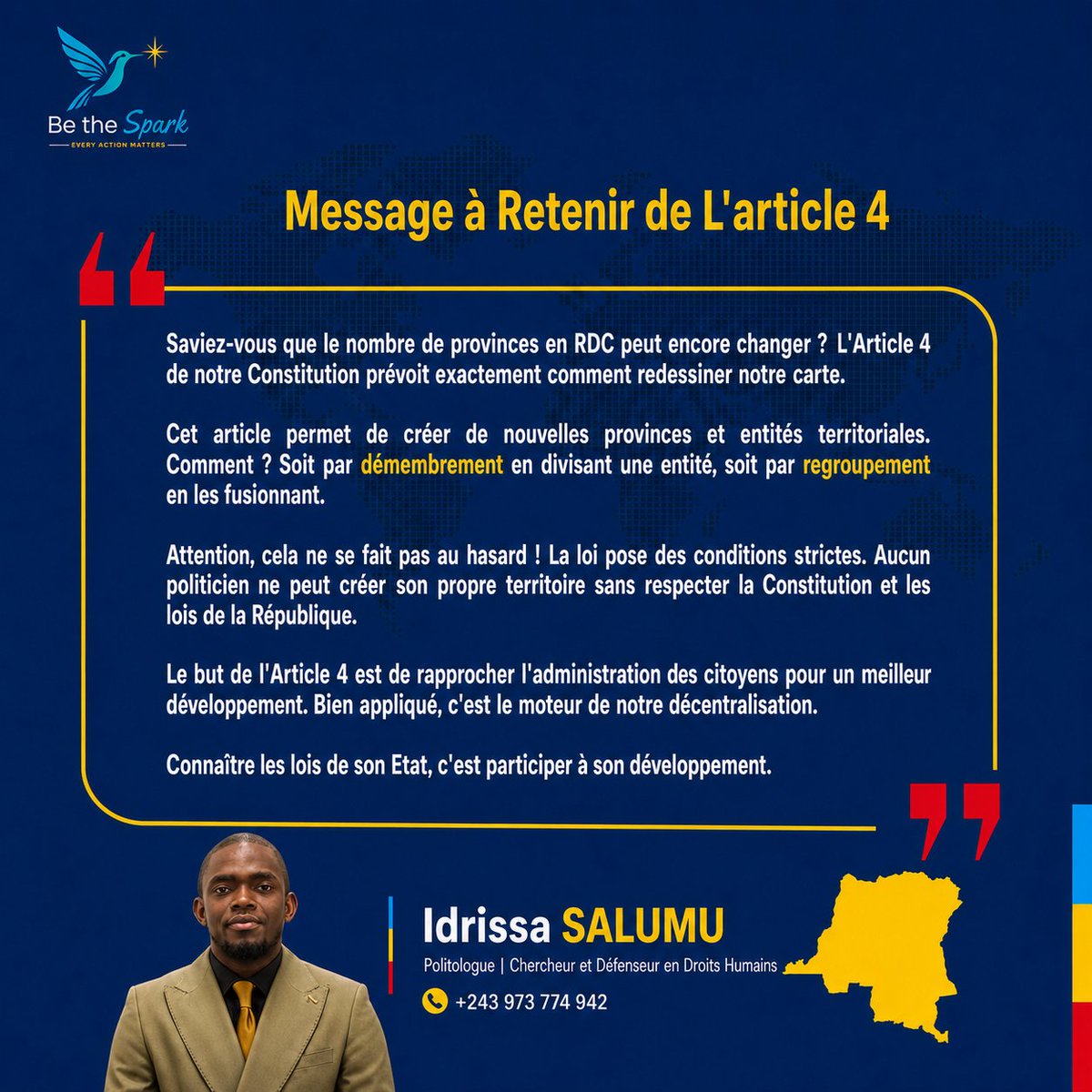 MulambaSalumu's tweet photo. Article 4 de la Constitution RDC🇨🇩
Création des nouvelles provinces et entités territoriales en deux possibilités :
📍Soit par démembrement
📍Soit par regroupement
#RDC #constitutionRDC #Article4 #Educationcivique #ConscienceNationale #Everyactionmatters #Idrissasalumu https://t.co/iSbx6apBQz
