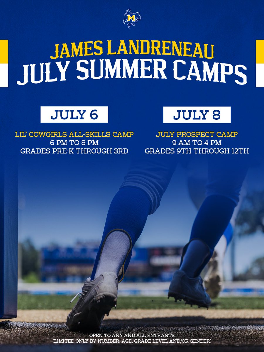 McNeeseSoftball's tweet photo. July Summer Camps On Deck 🤠

🔗 https://t.co/EInS0y05eC

#GeauxPokes https://t.co/r4zelZXNJ2