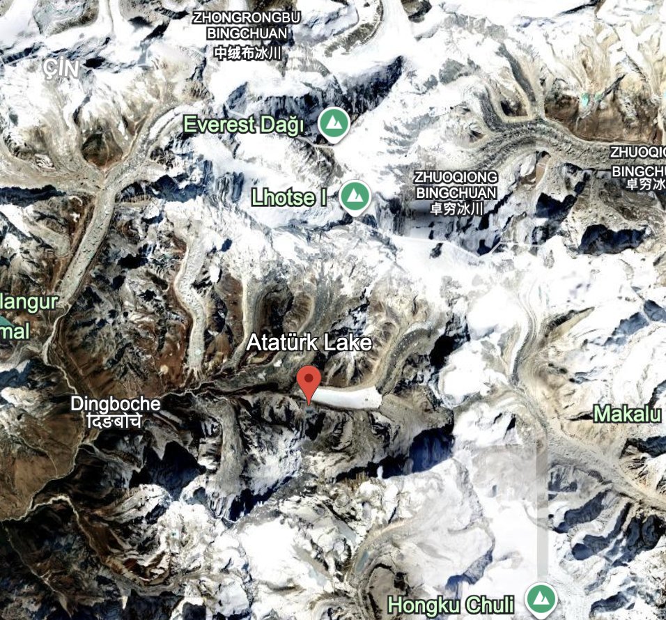 omerkars2's tweet photo. Google Earth uygulamasında geziniyordum. Everest dağı civarında dolaşırken Atatürk Lake adında bir buzul gölüne rastladım, gerçekten çok şaşırdım. İnternette bir bilgiye rastlayamadım bu göl ile alakalı olarak. Buradan paylaşmak istedim. Bilgisi olanlar aydınlatabilirler. https://t.co/FXTGlY8tTx