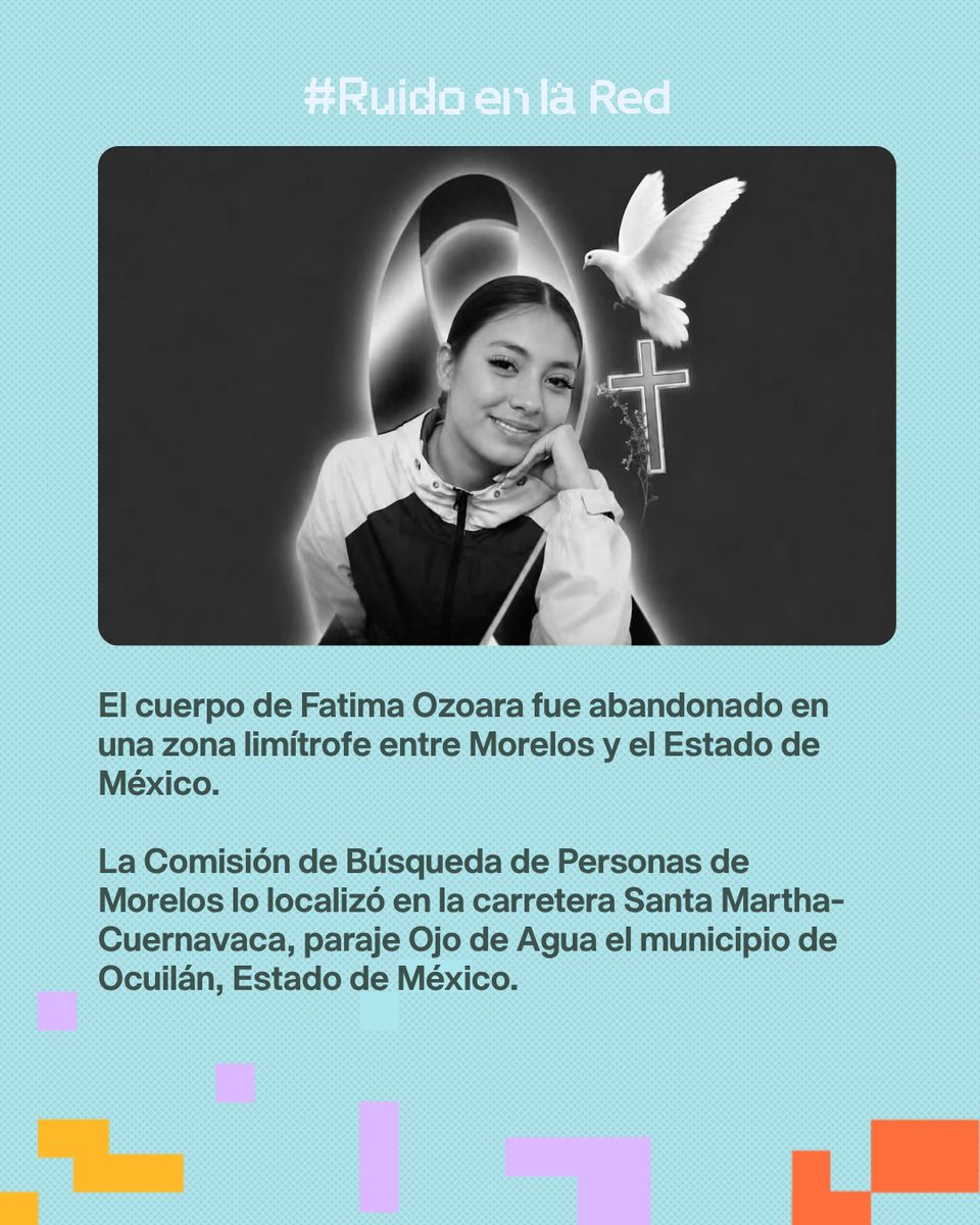 RuidoEnLaRed's tweet photo. 🕯️ Fátima Ozoara, auxiliar de enfermería de 20 años, fue localizada sin vida después de haber sido reportada como desaparecida desde el 21 de junio, cuando salió de su trabajo en la alcaldía Álvaro Obregón.

La Fiscalía de CDMX informó que un hombre ya fue detenido por su probable participación en la desaparición y feminicidio de la joven.