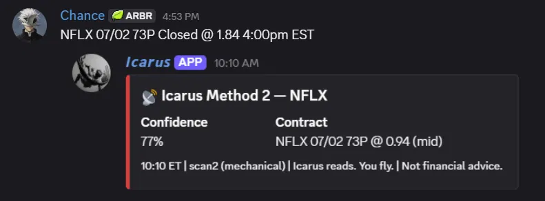 TheIcarusEdge's tweet photo. You picked MRVL. You picked NFLX. You picked PLTR. All three printed today, and not one Mag7 on this list. Do we even need to scan them anymore?

$NFLX 73P: $0.94 → $1.84 (+96%)
$PLTR 116C: $2.28 → $3.08 (+35%)
$MRVL 297.5P: $9.38 → $13.40 (+43%)
$SPX 7480C: $10.90 → $20.70 (+90%)

Big update for Icarus tomorrow