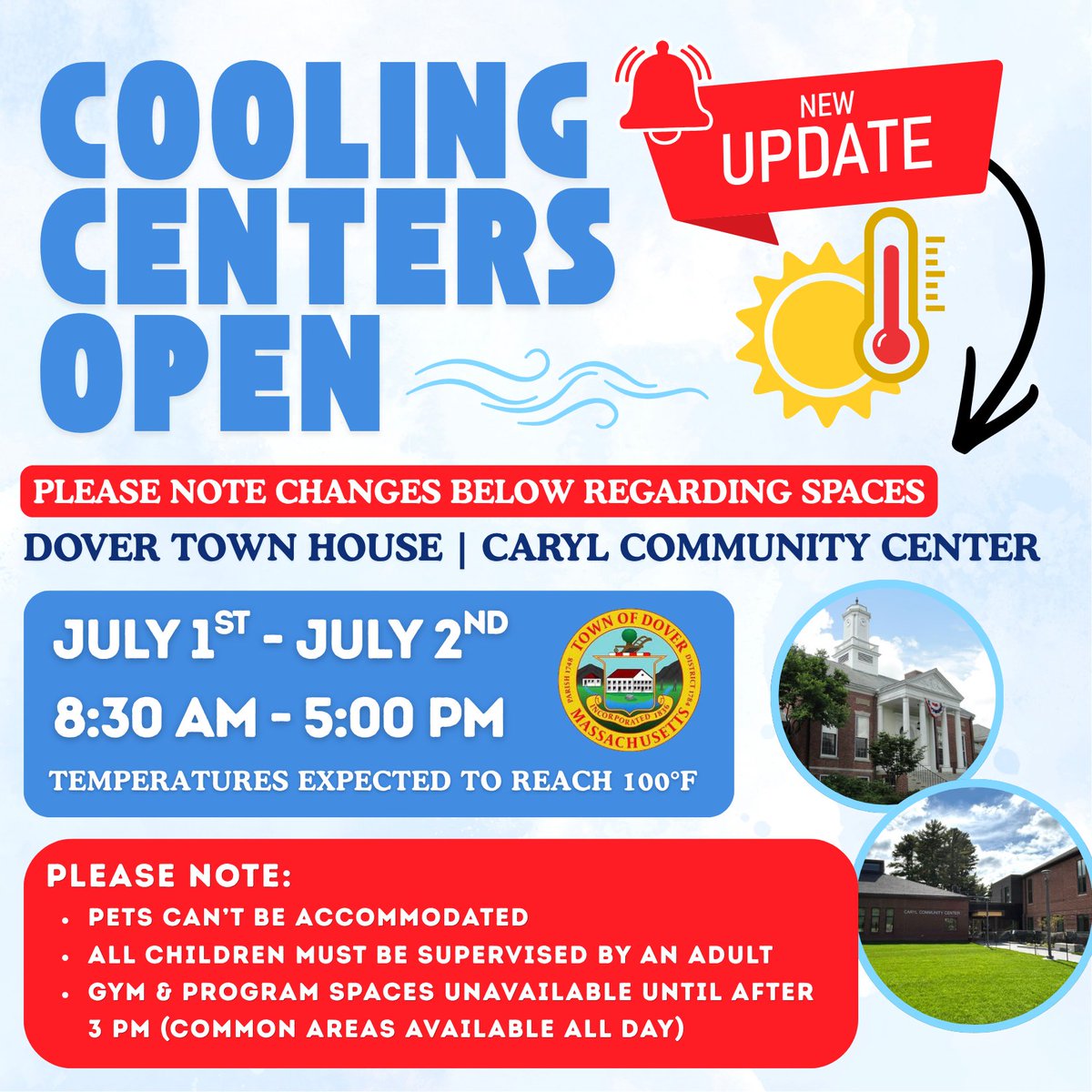 TownDover's tweet photo. COOLING CENTERS OPEN - JULY 1-2💧☀️
With extremely high temperatures expected on Wednesday, July 1st &amp; Thursday, July 2nd,  the Dover Town House (5 Springdale Ave) and the Community Center (4 Springdale Ave) will be open as public cooling centers from 8:30 AM to 5:00 PM. https://t.co/2NYUk2PZ0H