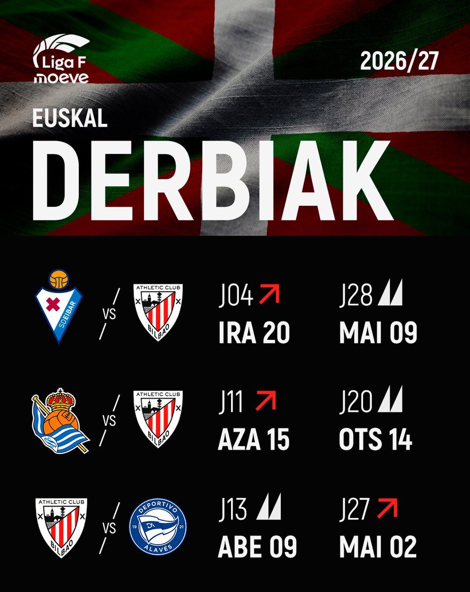 AthleticClubFem's tweet photo. ✊ Euskal derbiak! 

🗓️ @LigaF_oficial 2026/27

#AthleticClubFem 🦁 https://t.co/Kw1BpcU9FU