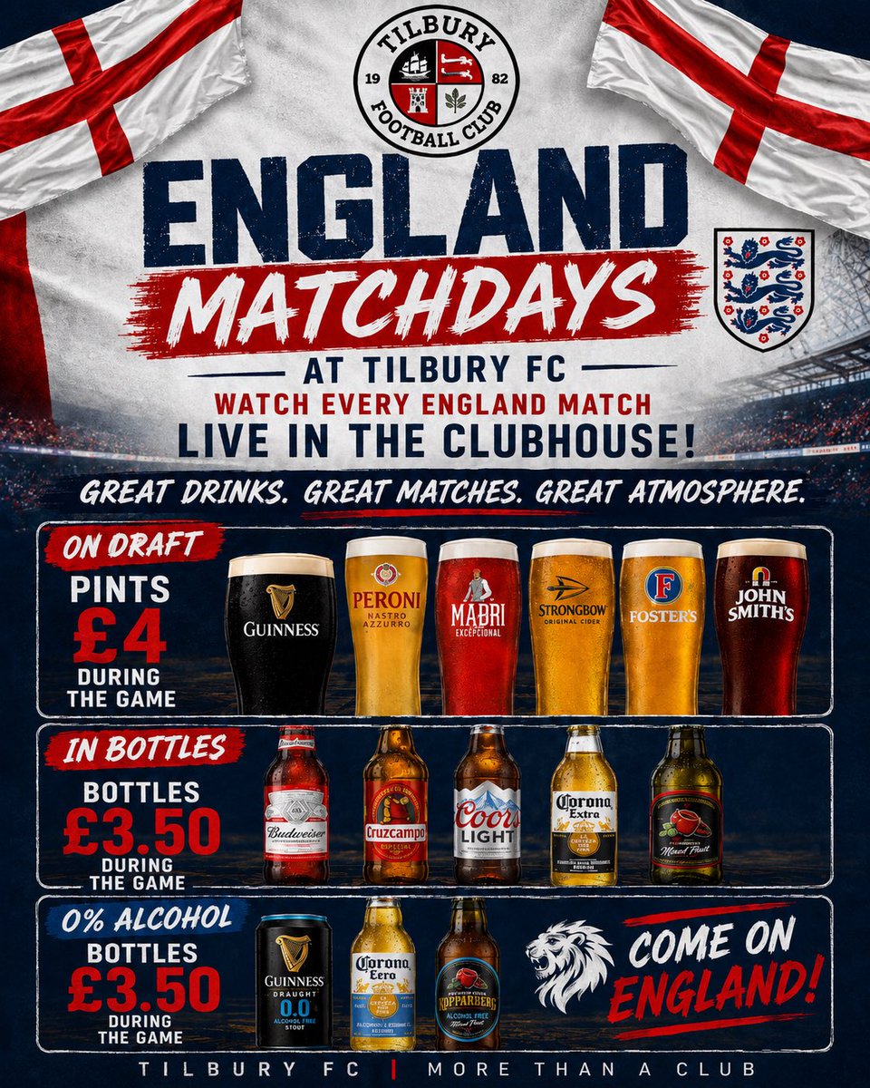tilburyfc's tweet photo. The knockouts start tomorrow and we’re open once again 🏴󠁧󠁢󠁥󠁮󠁧󠁿 

Come join us for England vs DR Congo ⚽️ 🍺 https://t.co/HjbbYHhZHJ