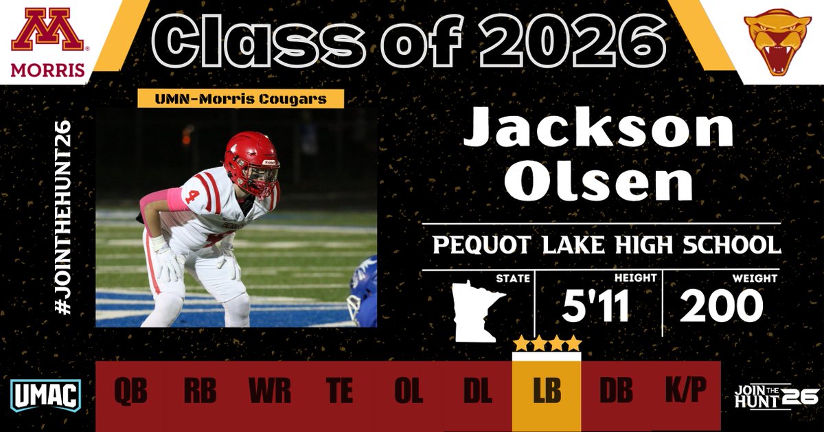 UMMFootball's tweet photo. 2026 LB Commit: Jackson Olsen (Pequot Lake HS, MN)

Film- https://t.co/Er95V5dXqy https://t.co/1NoGyq20fc