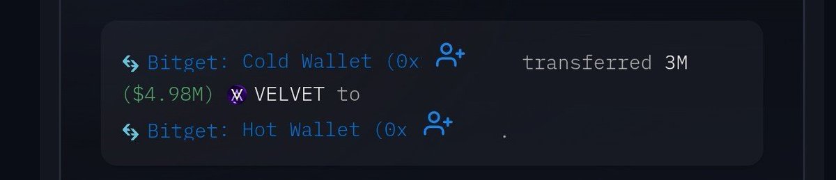 Memes370037's tweet photo. 3M $VELVET just moved from Bitget Cold Wallet to Bitget Hot Wallet ($4.9M) https://t.co/FSWVNpTL4T