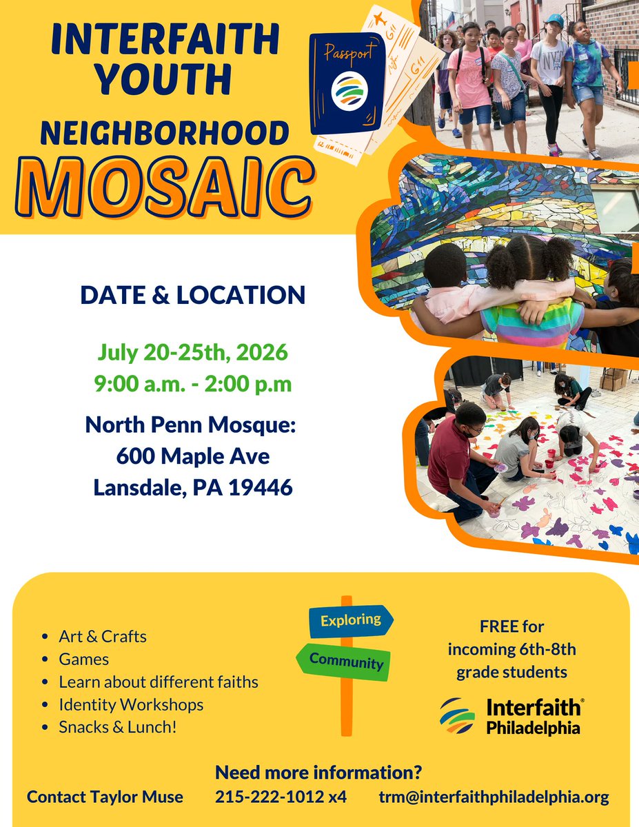 SoSMtweets's tweet photo. If you have 6th–8th grade students and you're in, or close to, Montgomery County, PA, check out this FREE interfaith neighborhood experience made just for them by @InterfaithPA! 

July 20-25. More info on the flyer and at their site: https://t.co/uIfNEkKHXR https://t.co/Gfs3usuzlR