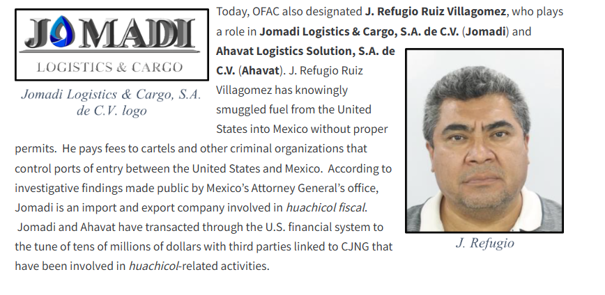 GhalebKrame's tweet photo. 🚨 Financial Blow to #CJNG

🇺🇸 The U.S. Department of the Treasury (OFAC and FinCEN) has launched a new crackdown on a fuel tax fraud ("huachicol fiscal") network linked to the Jalisco New Generation Cartel (CJNG).

👤 Those sanctioned include:
• Óscar Guillermo Juraidini Silva, identified as a key financial operator for CJNG.
• J. Refugio Ruiz Villagómez.
• Jomadi Logistics & Cargo and  Ahavat Logistics Solution.

📑 According to Washington, the network relied on:
🔹 Shell companies.
🔹 Falsified customs documents.
🔹 Schemes to evade Mexico's fuel excise tax (IEPS).
🔹 Cross-border fuel smuggling.

💰 The U.S. says fuel theft and fuel tax fraud have become the cartels' largest non-drug revenue source , generating hundreds of millions of dollars annually.

📊 FinCEN reports:
• More than 160 Suspicious Activity Reports (SARs).
• Over $7 billion in suspicious transactions between the United States and Mexico.

⚠️ The report further alleges that some of these illicit proceeds were used to:
🗳️ Finance political campaigns.
🤝 Bribe public officials.
🏛️ Gain influence over strategic positions within the Mexican government.

🤝 The investigation was coordinated by OFAC, FinCEN, DEA, FBI, HSI, IRS-CI, CBP**, and Mexico's Financial Intelligence Unit (UIF).

🔗 Source:
https://t.co/zX65mi1aqz